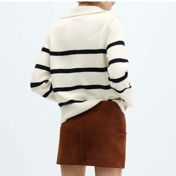 Mango Breton Stripe Sweater Cream Black Collared Nautical Parisian Knit S - Picture 2 of 12